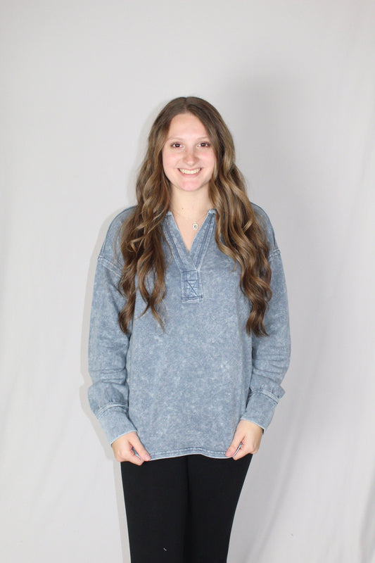 Ladies' Split Neck Mineral Wash L/S