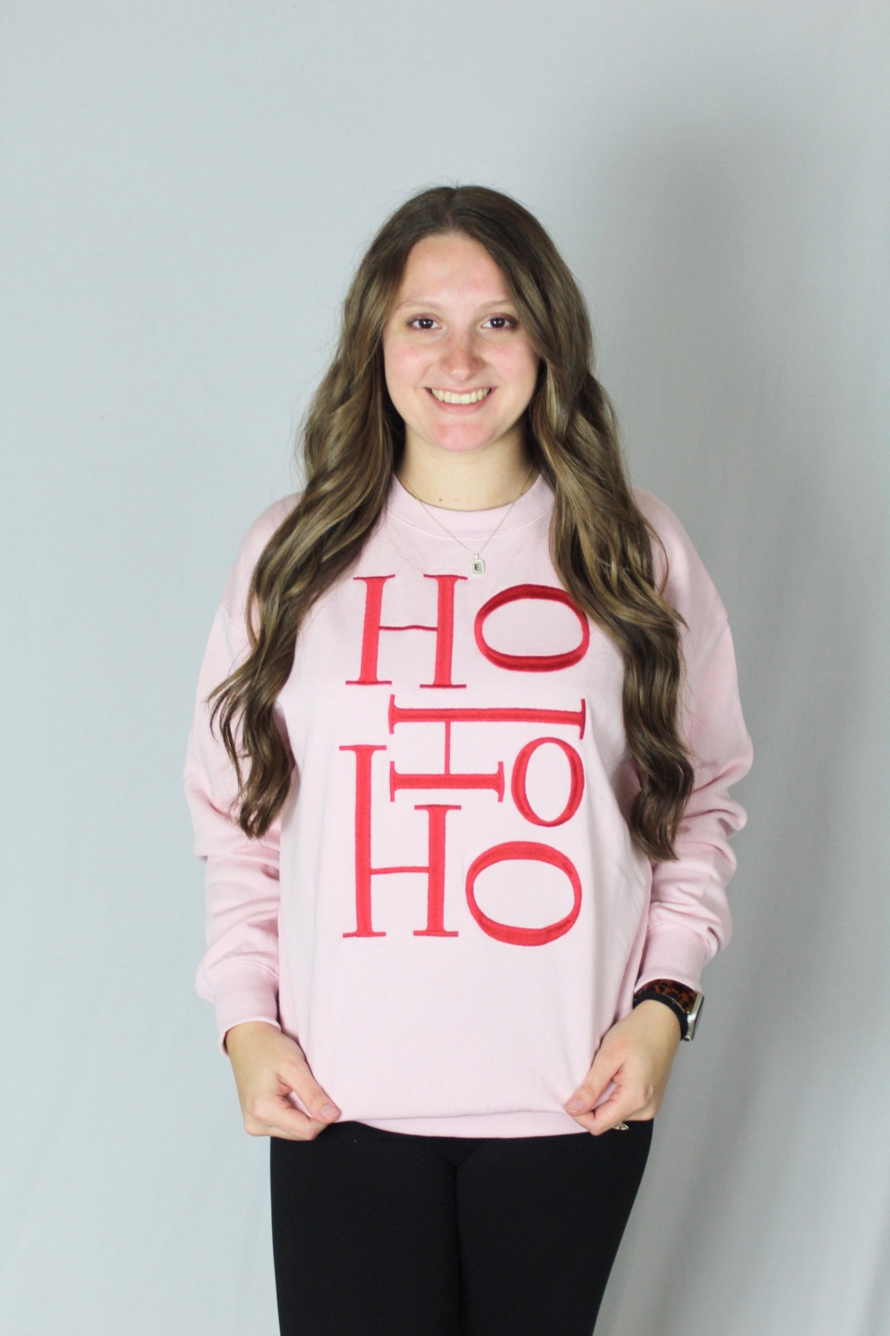 Ladies' Embroidered HOHOHO Sweatshirt (Baby Pink)