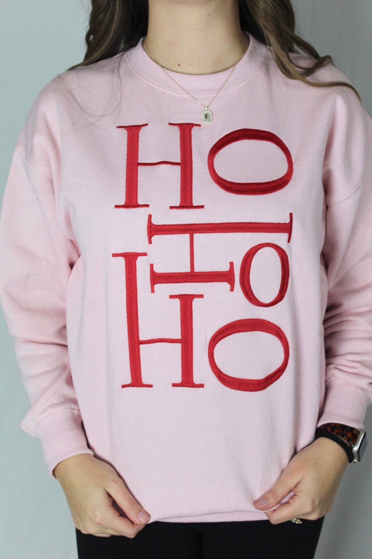 Ladies' Embroidered HOHOHO Sweatshirt (Baby Pink)