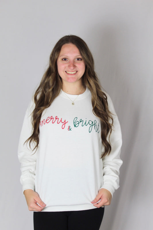 Ladies' Embroidered Merry & Bright Sweatshirt (Ivory)