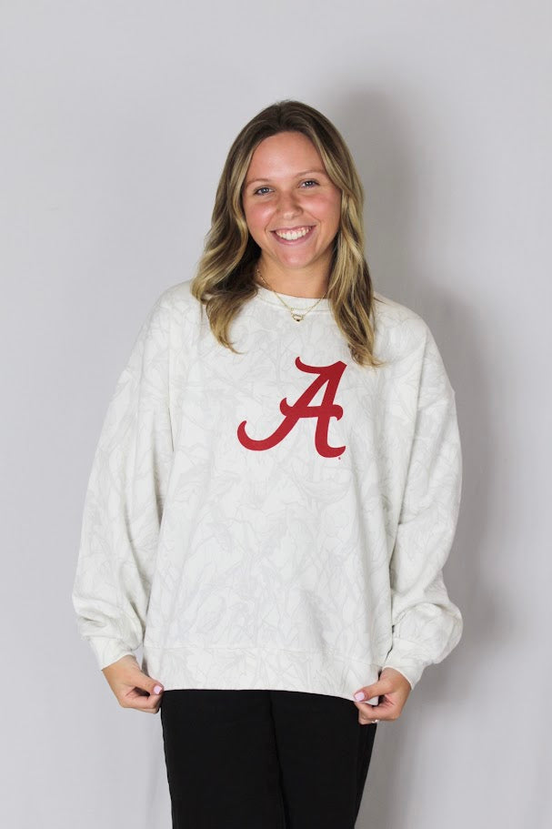 Juniors' Royce Apparel Script A Camo Crewneck Sweatshirt (Ice Woodland)