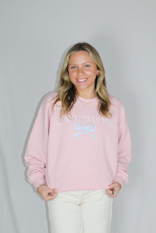 Ladies' Jesus Loves You W/Bow Sweatshirt (Baby Pink)