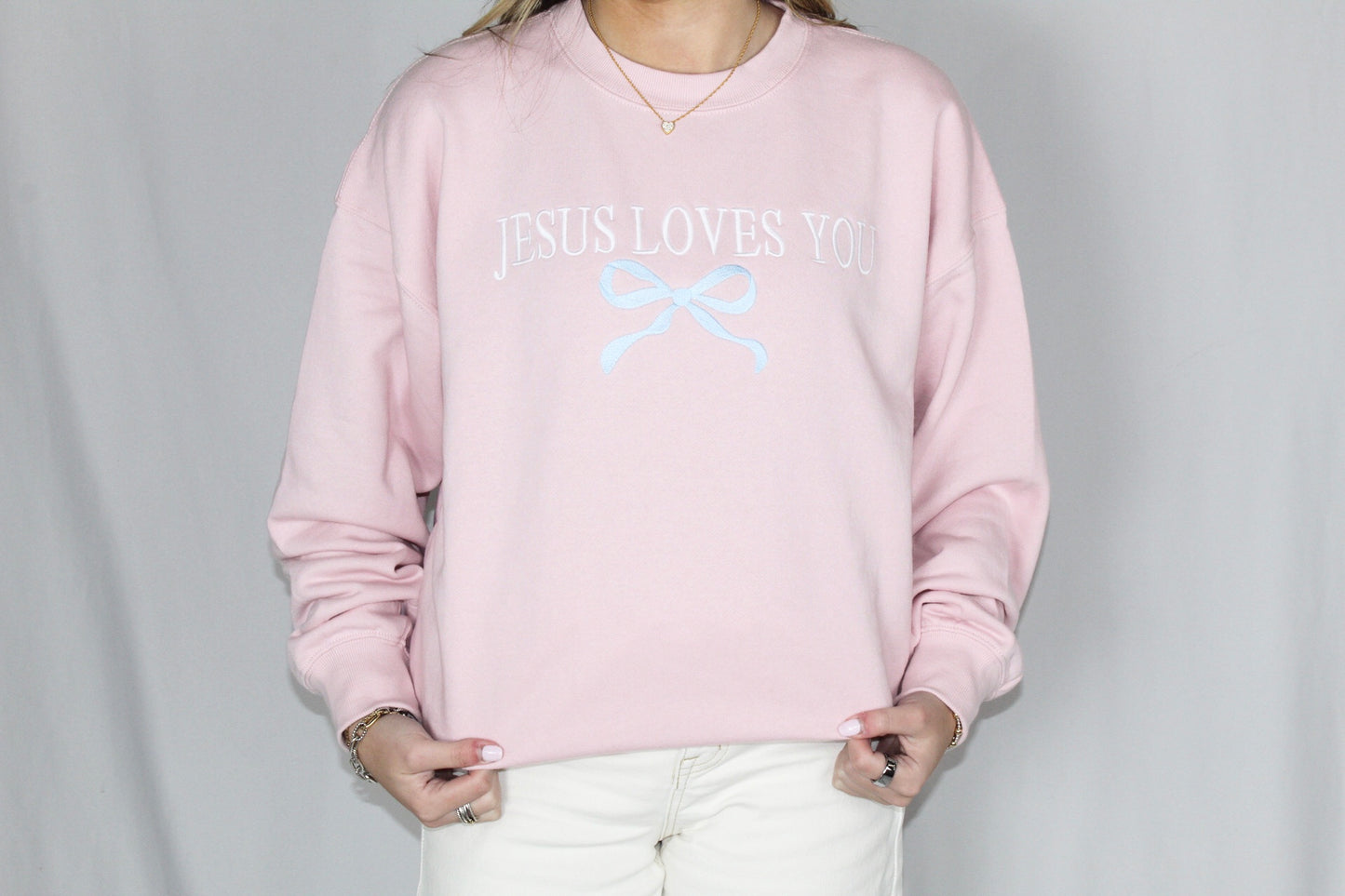 Ladies' Jesus Loves You W/Bow Sweatshirt (Baby Pink)