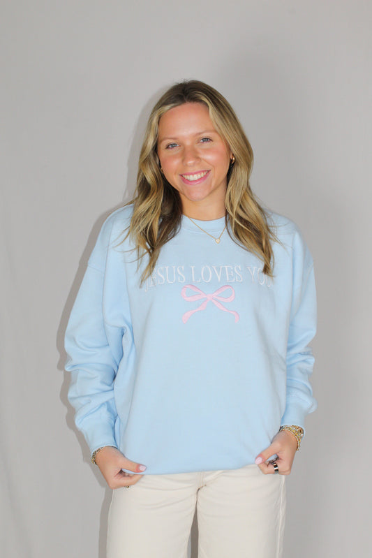 Ladies' Jesus Loves You W/Bow Sweatshirt (Baby Blue)