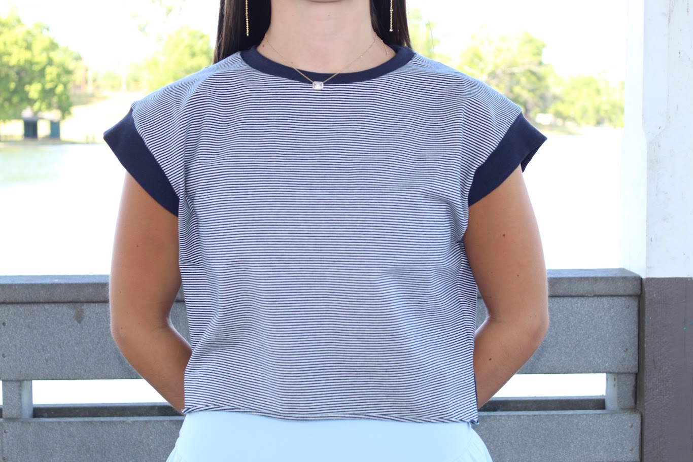 Juniors' Kimberly Crossover Back Striped S/S Top
