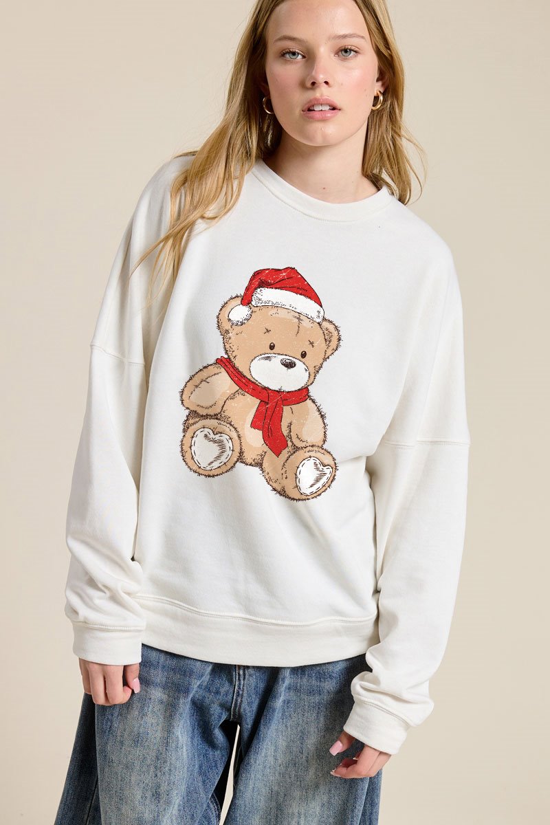 Juniors' Santa Teddy Bear Pullover (Ivory)