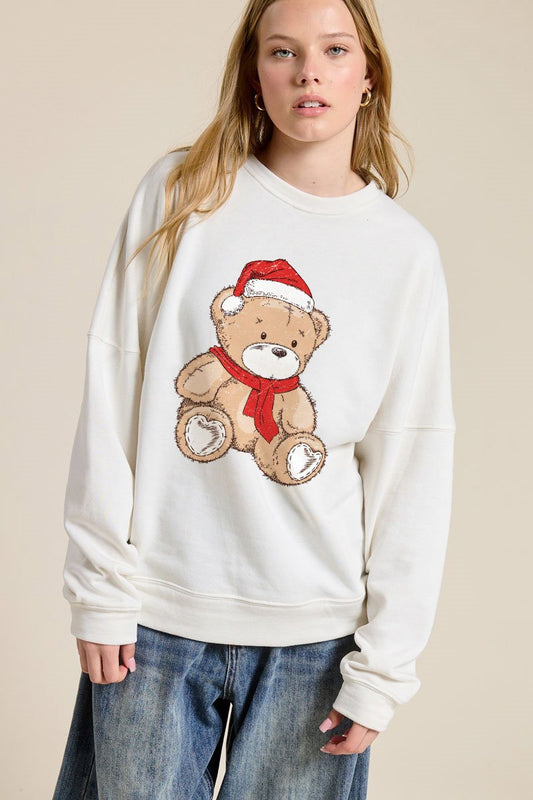 Juniors' Santa Teddy Bear Pullover (Ivory)