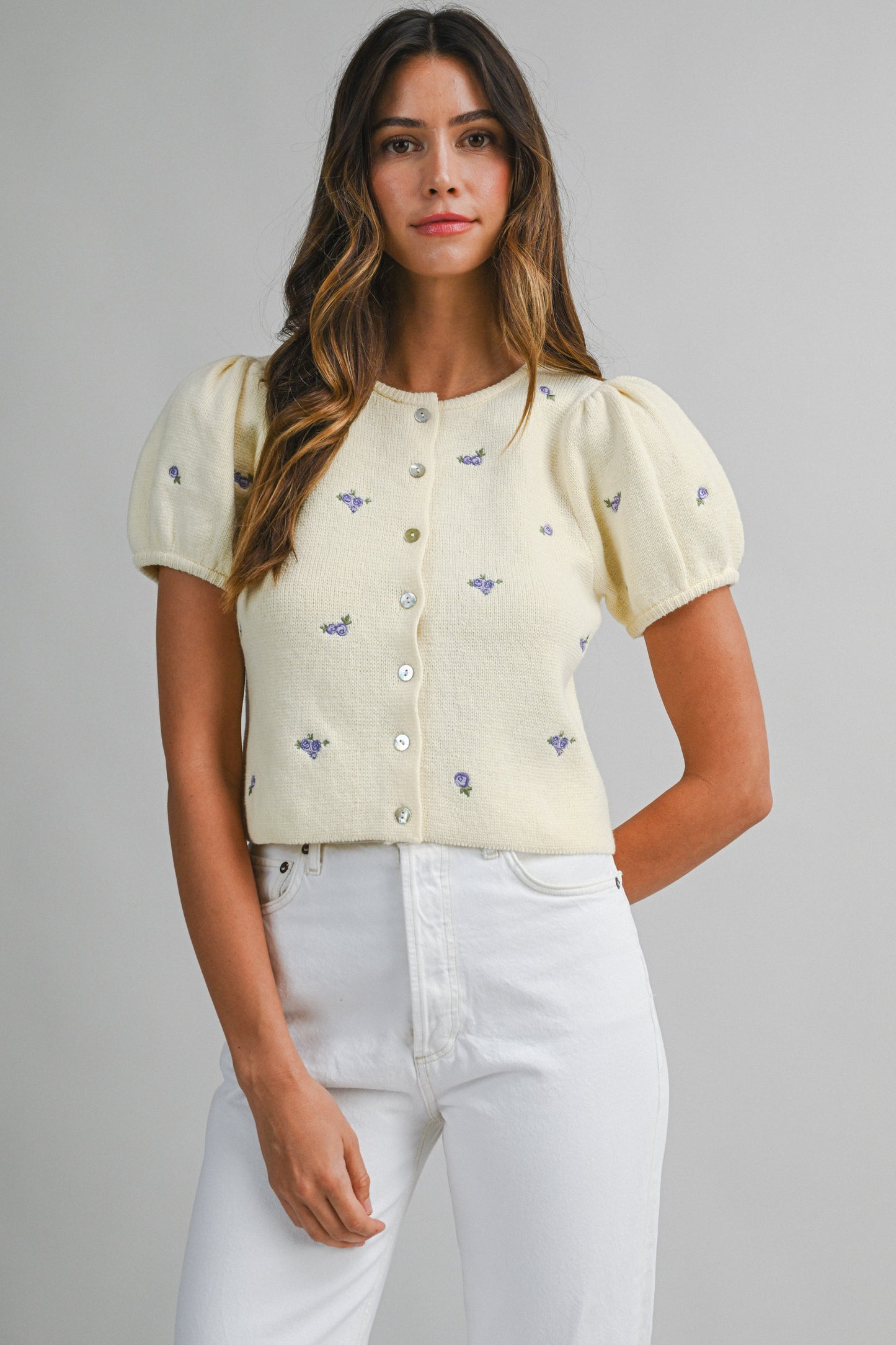 Juniors' Mable Floral Embroidered Short Puff Sleeve Button Down Knit Top