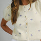 Juniors' Mable Floral Embroidered Short Puff Sleeve Button Down Knit Top