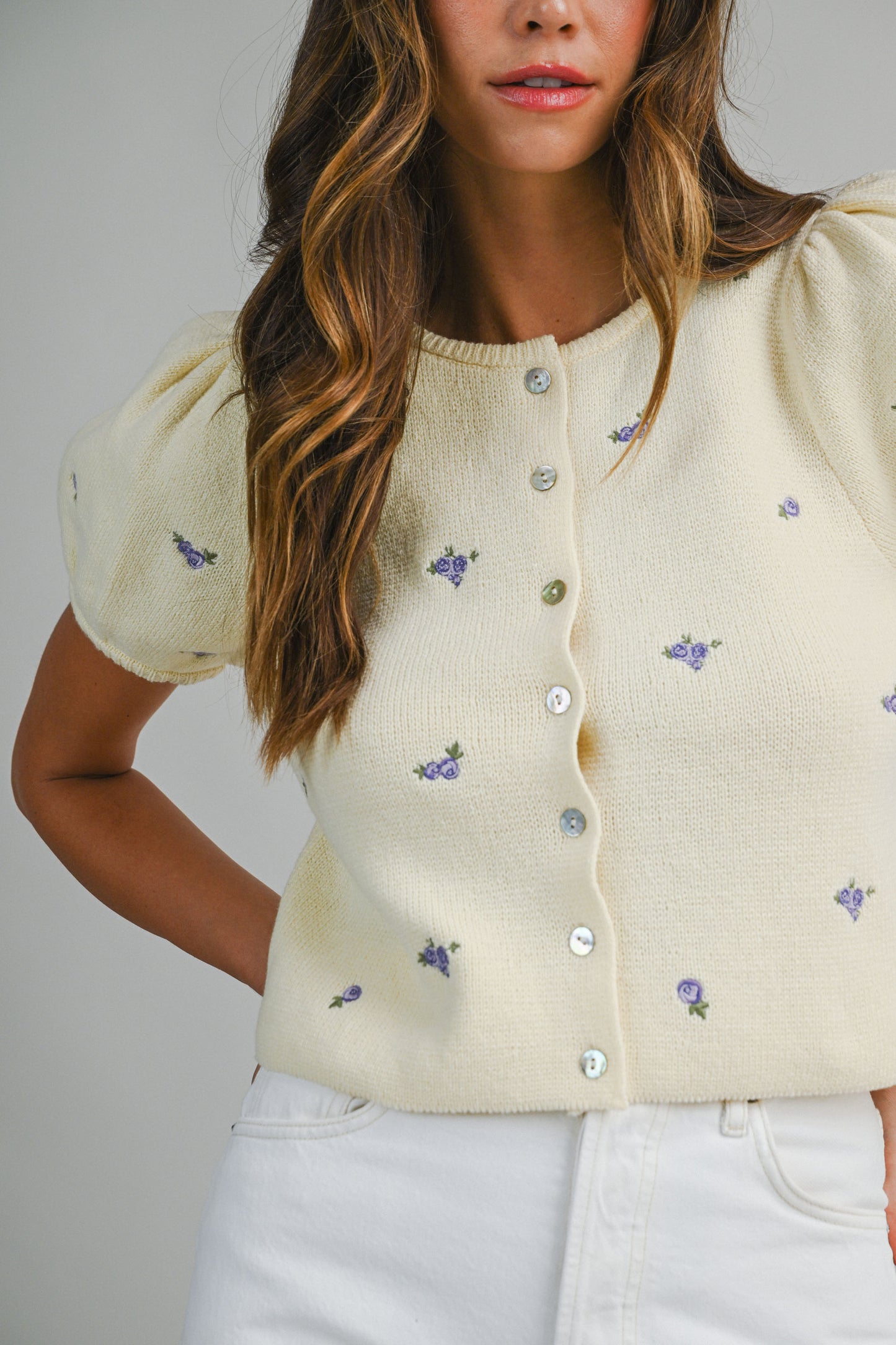 Juniors' Mable Floral Embroidered Short Puff Sleeve Button Down Knit Top