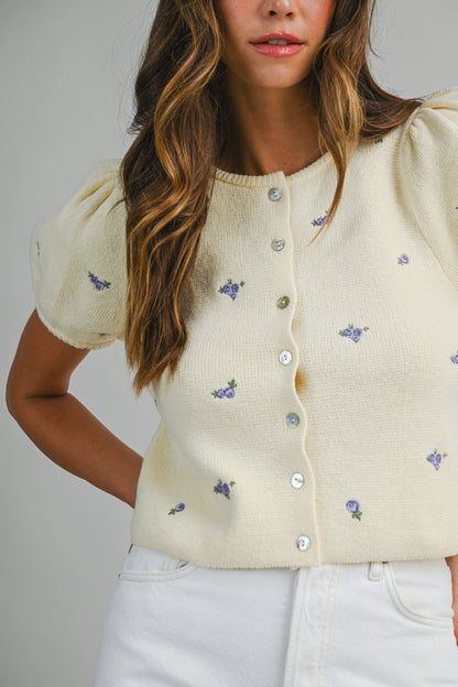 Juniors' Mable Floral Embroidered Short Puff Sleeve Button Down Knit Top