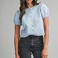 Juniors' Mable Puff S/S Crew Neck Button Down Knit Top