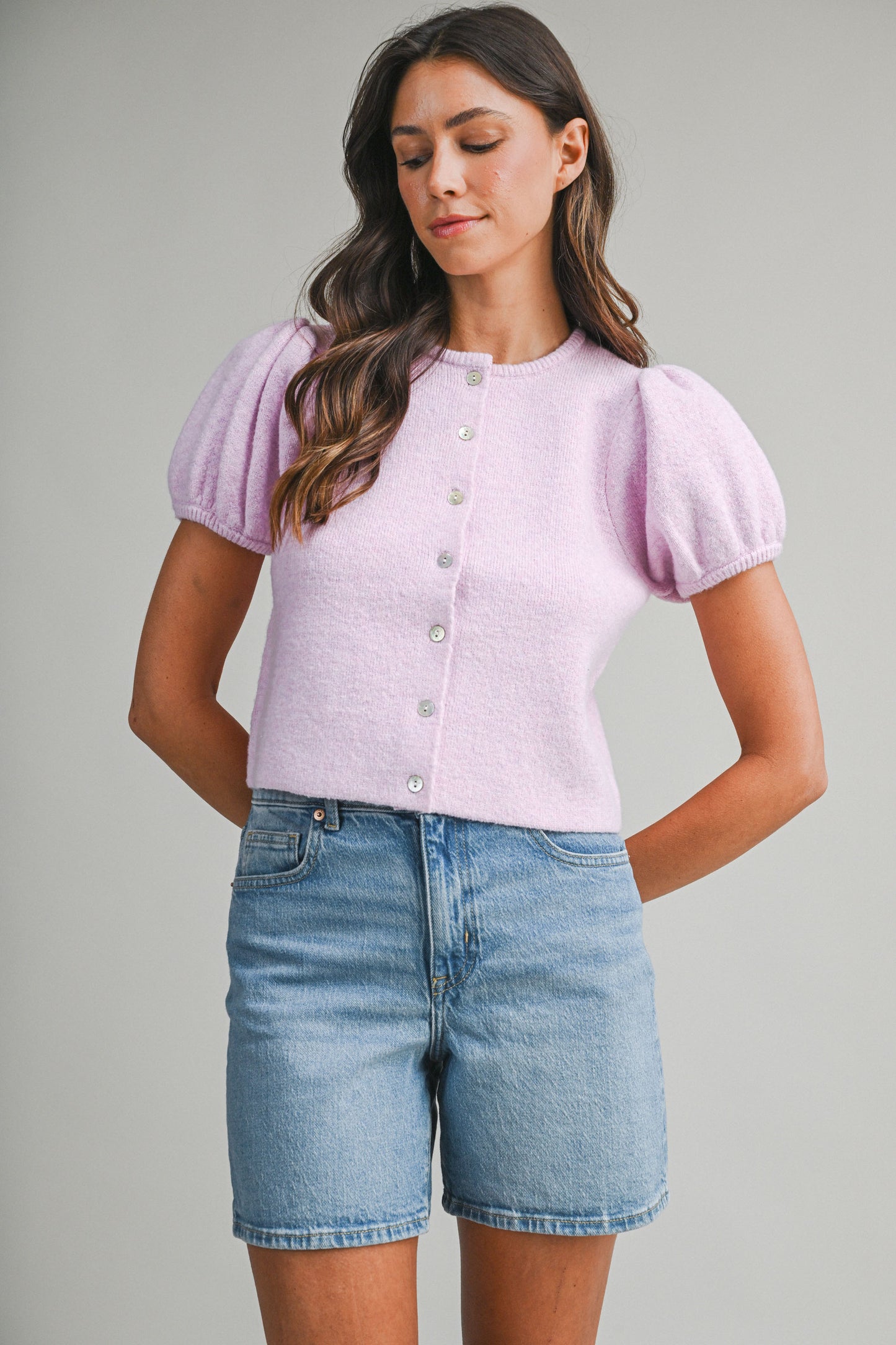 Juniors' Mable Puff S/S Crew Neck Button Down Knit Top