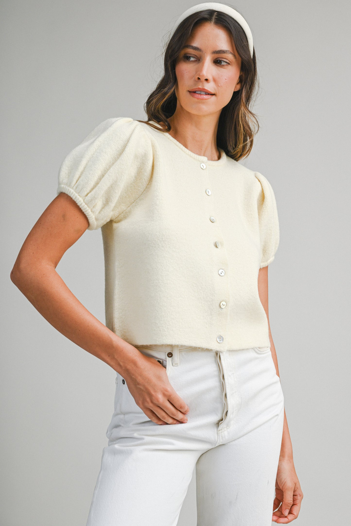 Juniors' Mable Puff S/S Crew Neck Button Down Knit Top