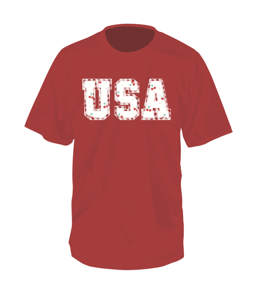 Juniors' Southern Fried Cotton USA W/Cherries Detail S/S (Crimson)