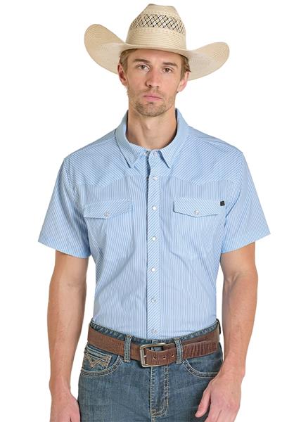 Men's Rock & Roll Denim TEK Western Micro Stripe Snap Shirt (Light Blue)