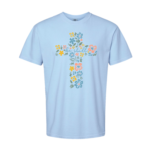 Women's Southern Fried Cotton Be Still Floral Cross S/S Tee (Hydrangea)