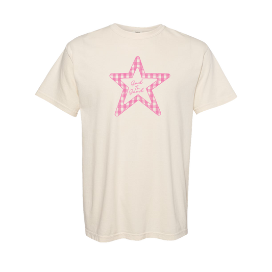 Women's Southern Fried Cotton God Is Good Gingham Star S/S Tee (Ivory)