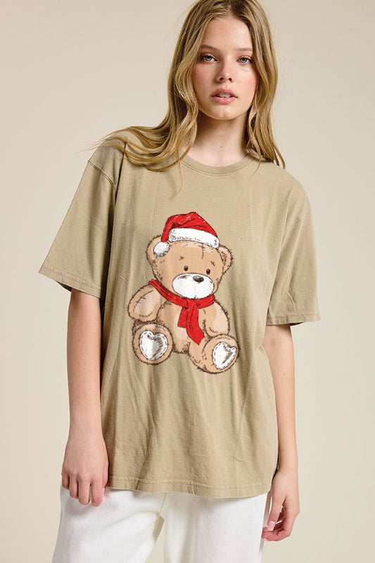 Juniors' Santa Teddy Bear Tee (Taupe)