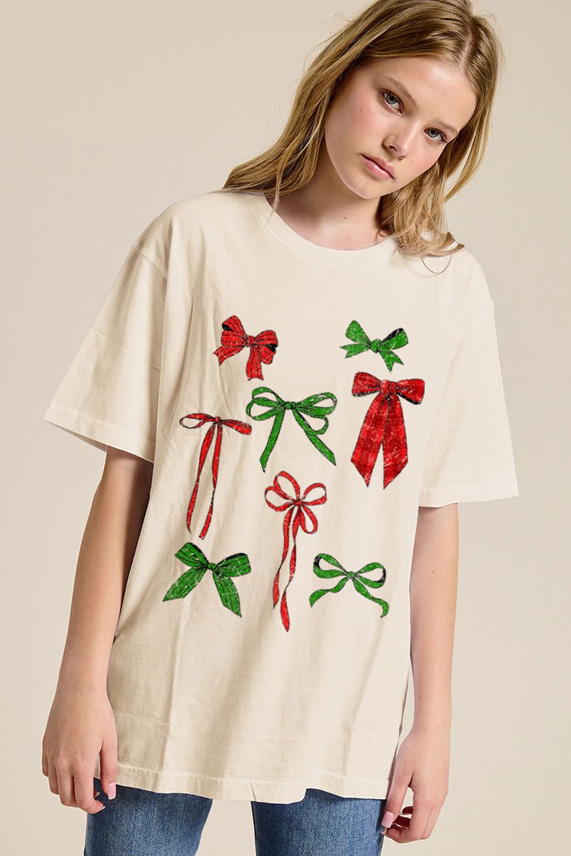 Juniors' Christmas Bows Tee (Bone)