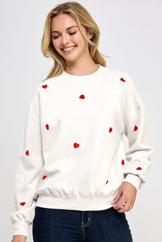 Juniors' Reflex Heart Embroidered Sweatshirt (Ivory/Red)