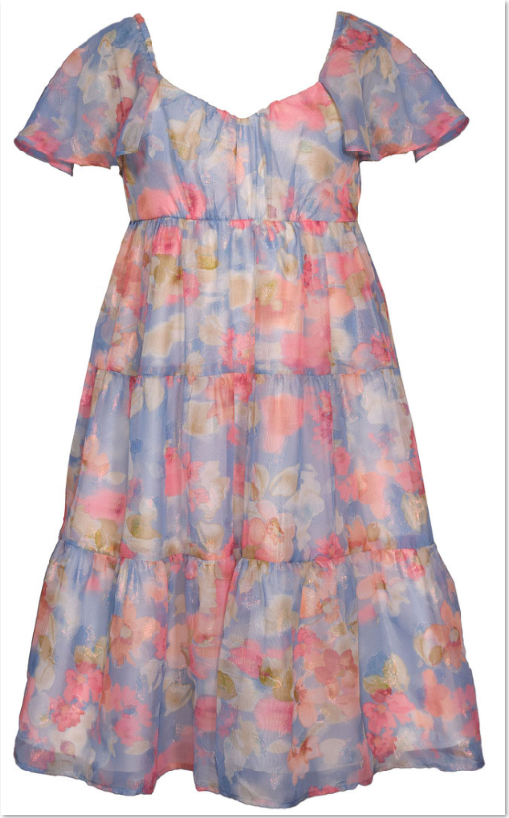 Girls Mona Tiered Chiffon Dress (Cornflower Blue)