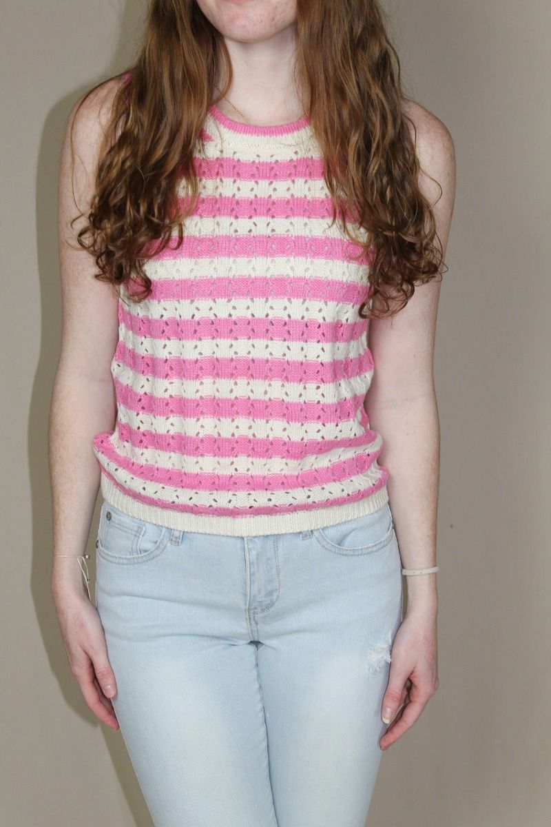 Pink and white striped knit tank on model