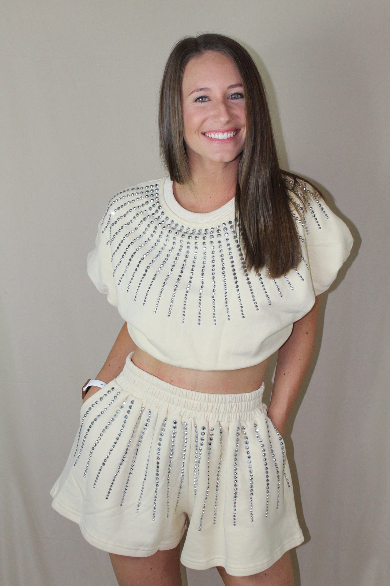 Cream rhinestone sweat set on model