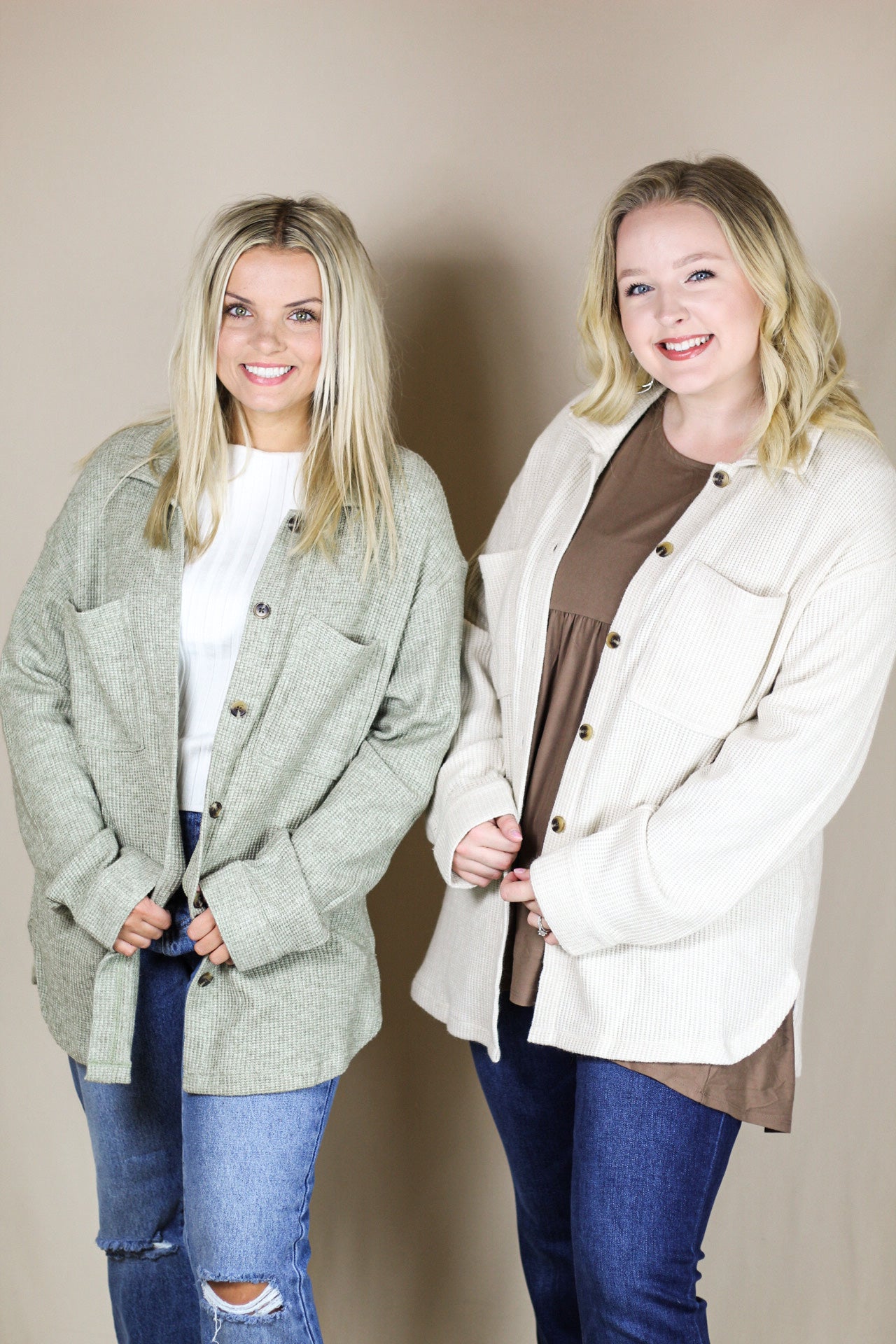Two models in waffle-knit shackets