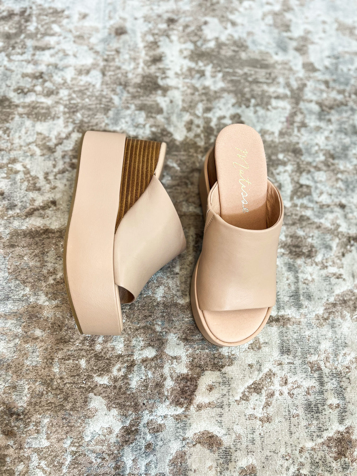 Blush platform wedge sandals flat lay