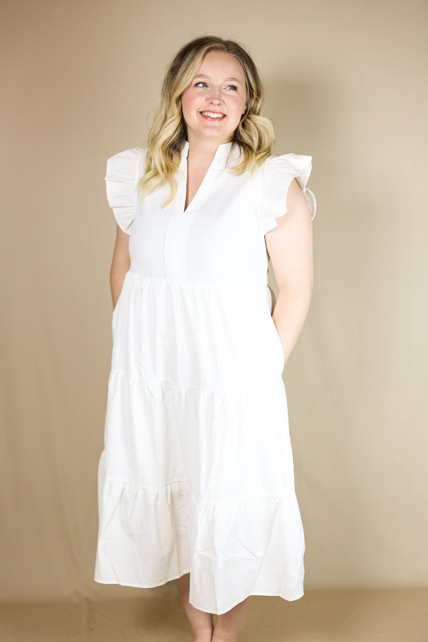 Savannah Tiered Midi Dress (Off White)